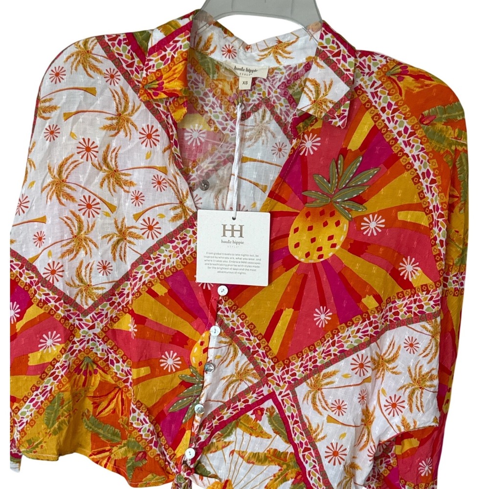 Haute Hippie LS Crop Top Vibrant Button Up Tie Shirt colorful‎ patchwork  NWT - Picture 7 of 8